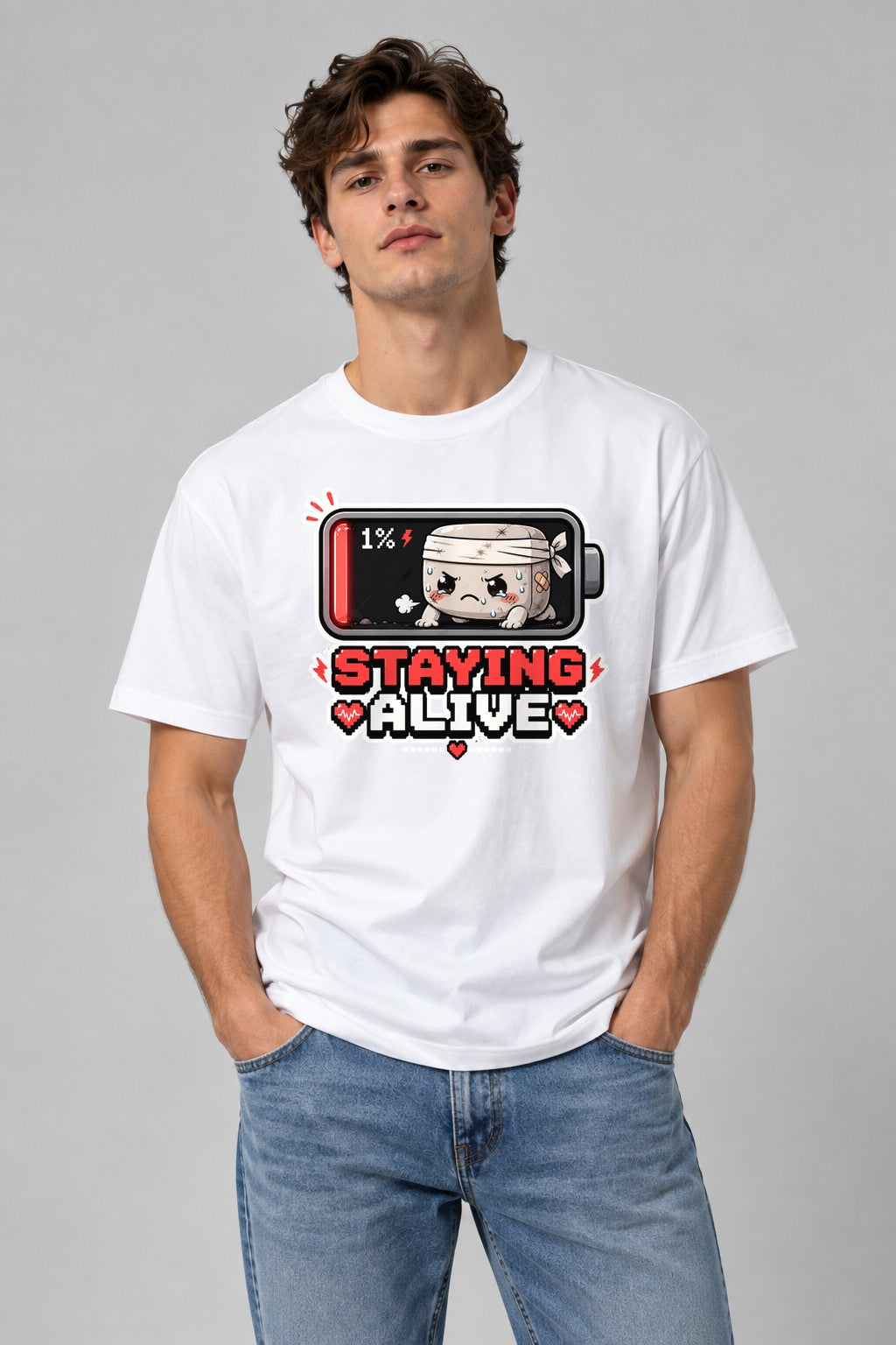 Staying Alive - Low Battery 1 Percent Cute Gamer Exhausted Graphic T-Shirt - White