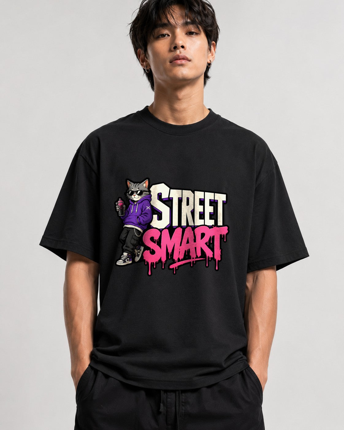 Street Smart Cat Graffiti Style Urban Streetwear Graphic Tee - Black