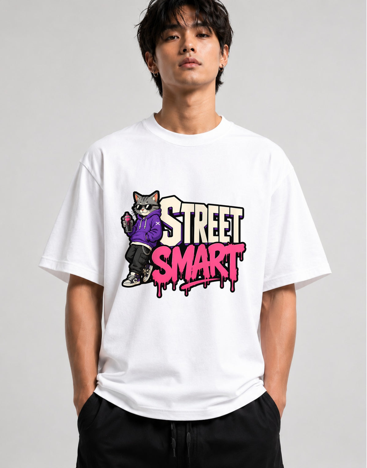 Street Smart Cat Graffiti Style Urban Streetwear Graphic Tee - White