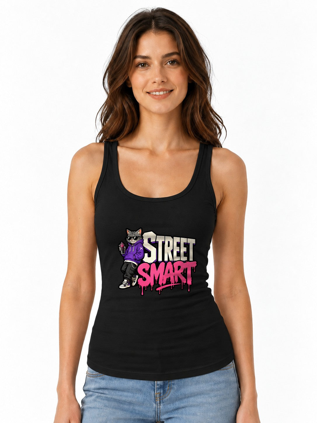 Street Smart Cat Graffiti Style Urban Streetwear Graphic Tee - Black