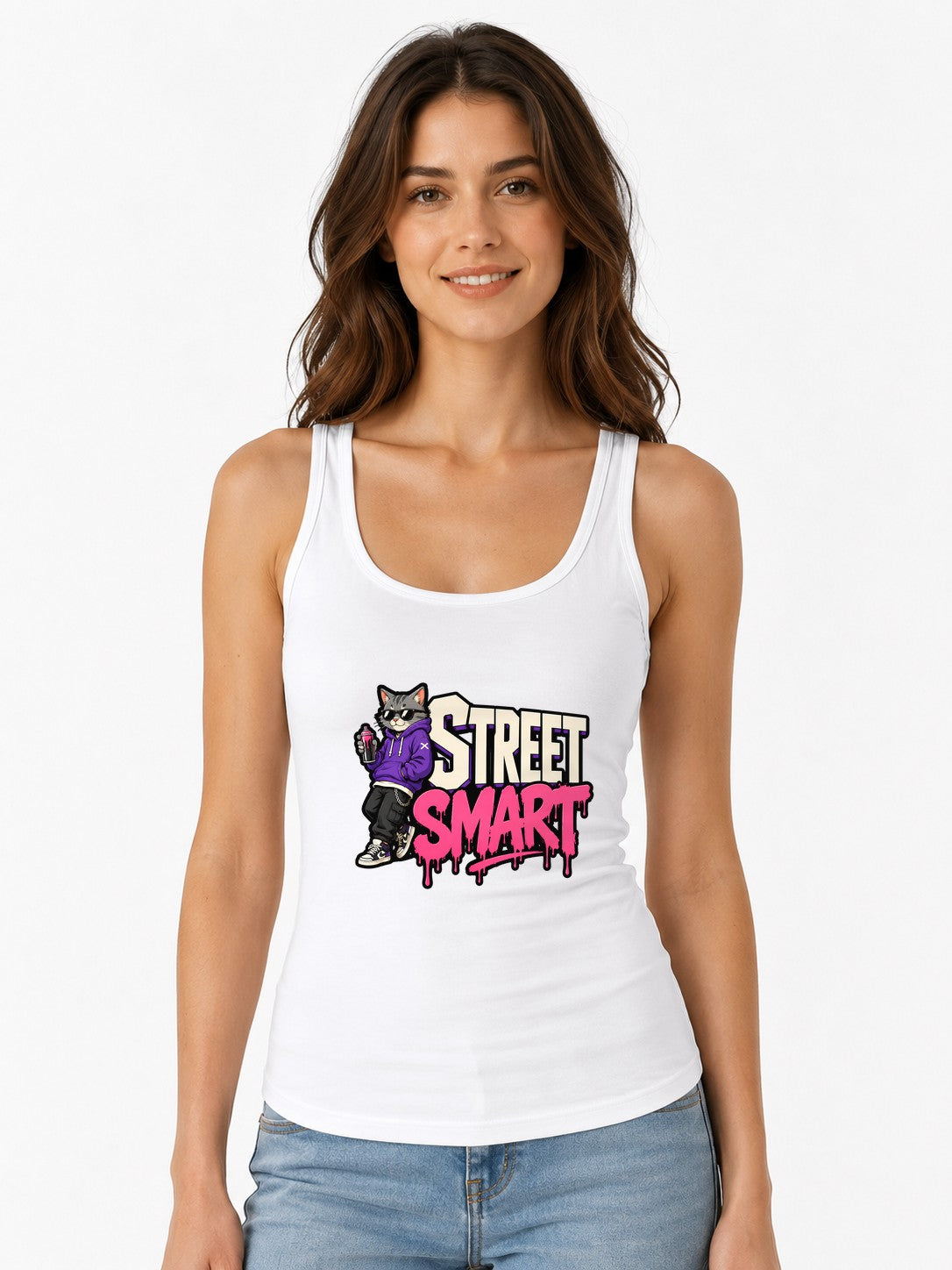 Street Smart Cat Graffiti Style Urban Streetwear Graphic Tee - White