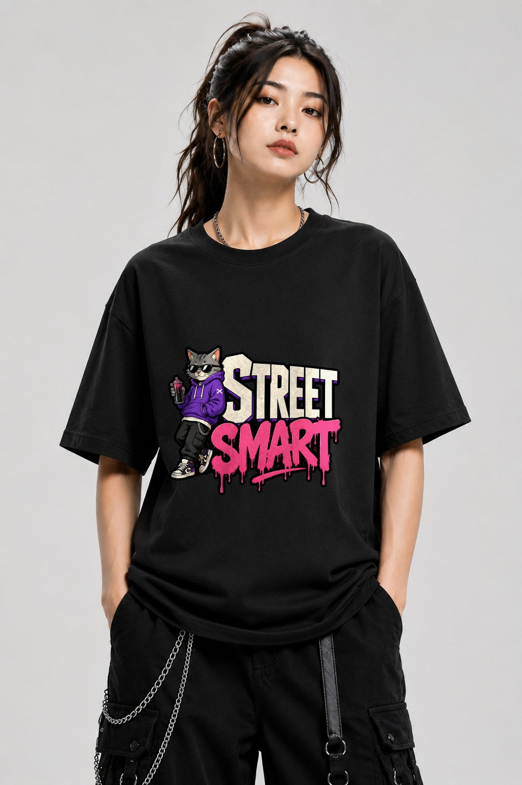 Street Smart Cat Graffiti Style Urban Streetwear Graphic Tee - Black