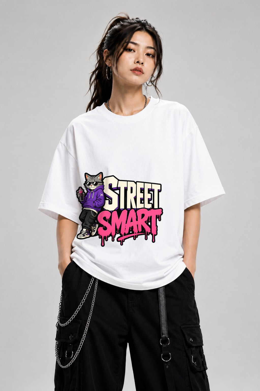 Street Smart Cat Graffiti Style Urban Streetwear Graphic Tee - White