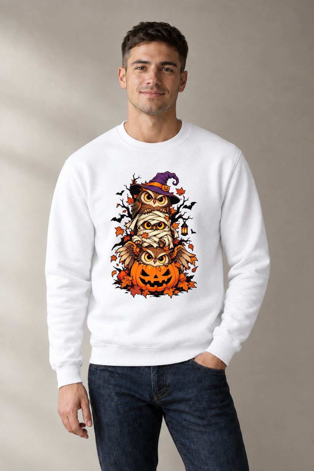 Stacked Halloween Owls - White