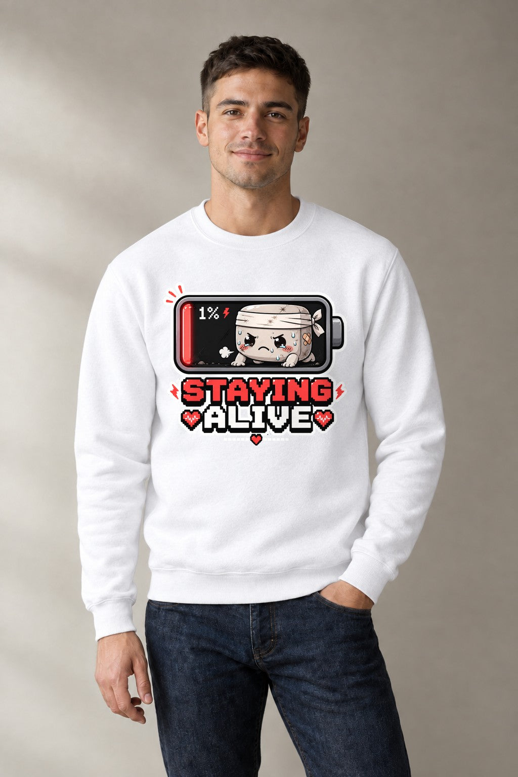 Staying Alive - Low Battery 1 Percen - White