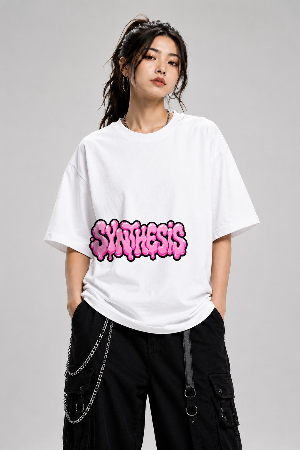 Synthesis Bubble Letters Graphic Tee - Pink Graffiti Style - White