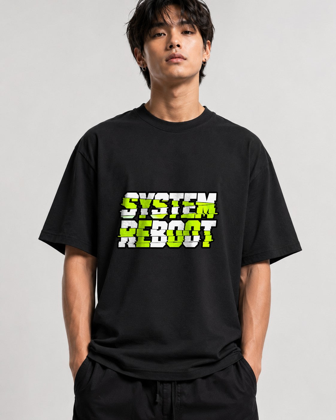 System Reboot Glitch Graphic Tee - Neon Cyberpunk Streetwear - Black