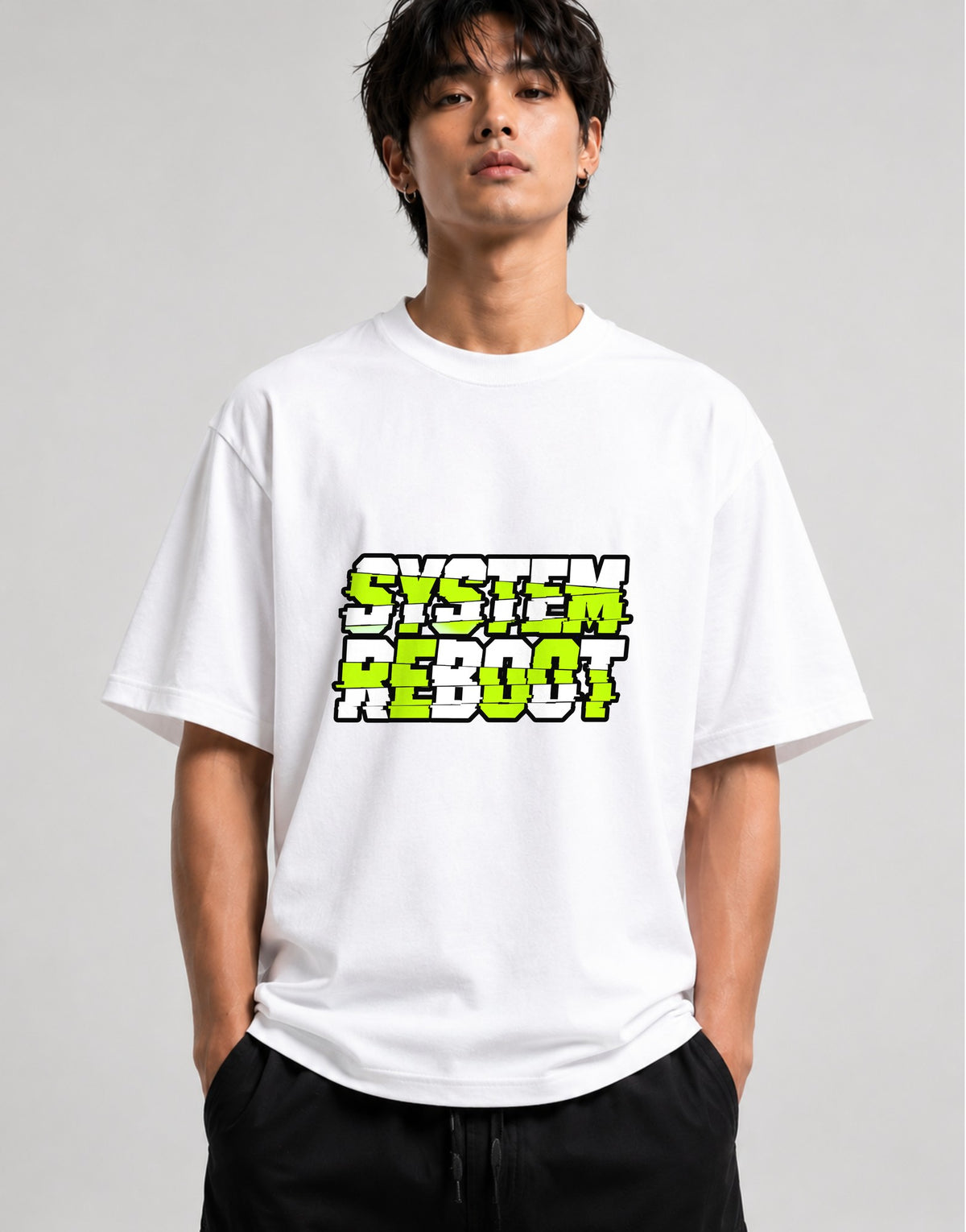 System Reboot Glitch Graphic Tee - Neon Cyberpunk Streetwear - White