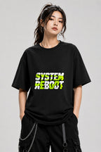 System Reboot Glitch Graphic Tee - Neon Cyberpunk Streetwear - Black