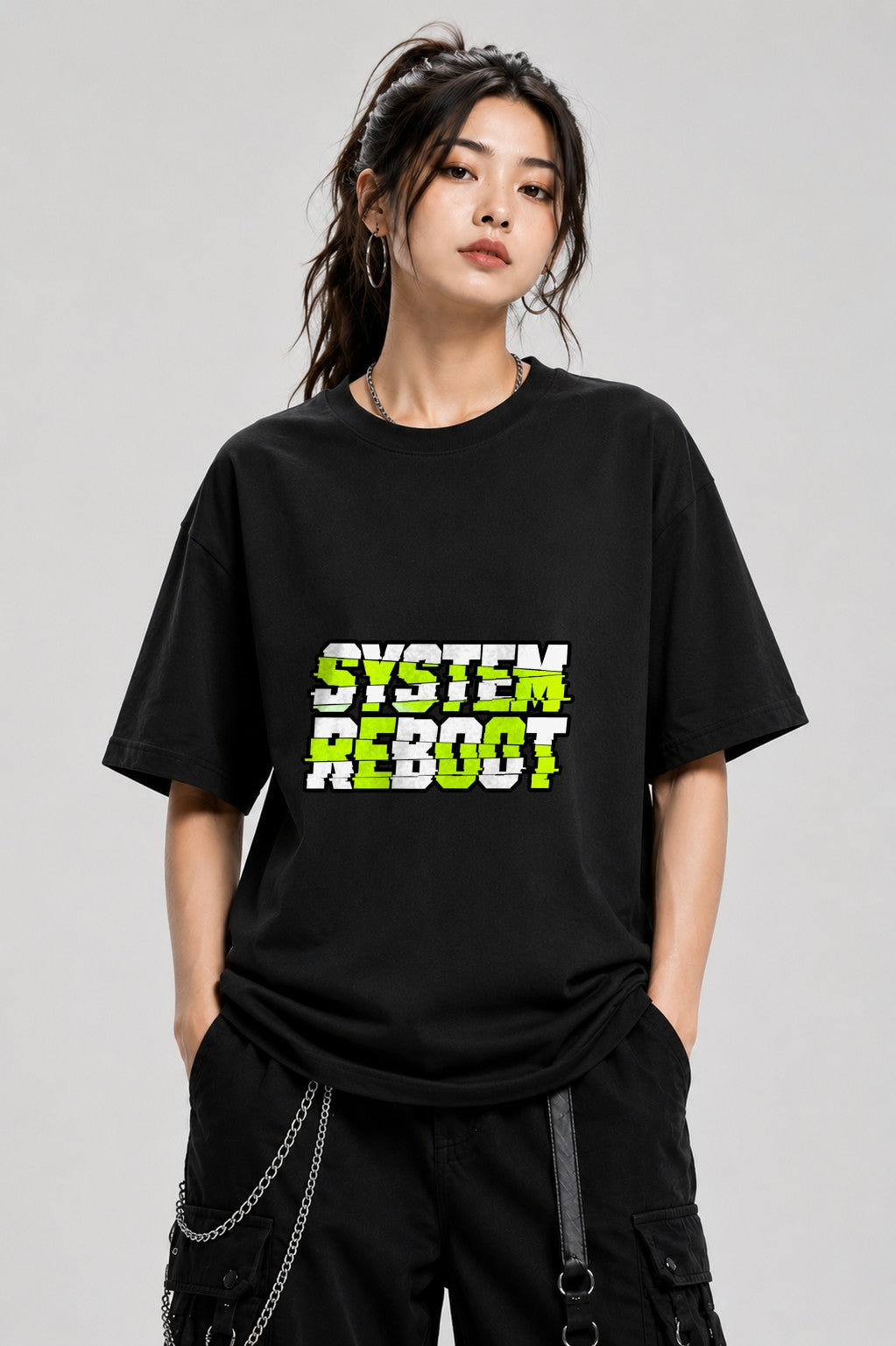 System Reboot Glitch Graphic Tee - Neon Cyberpunk Streetwear - Black