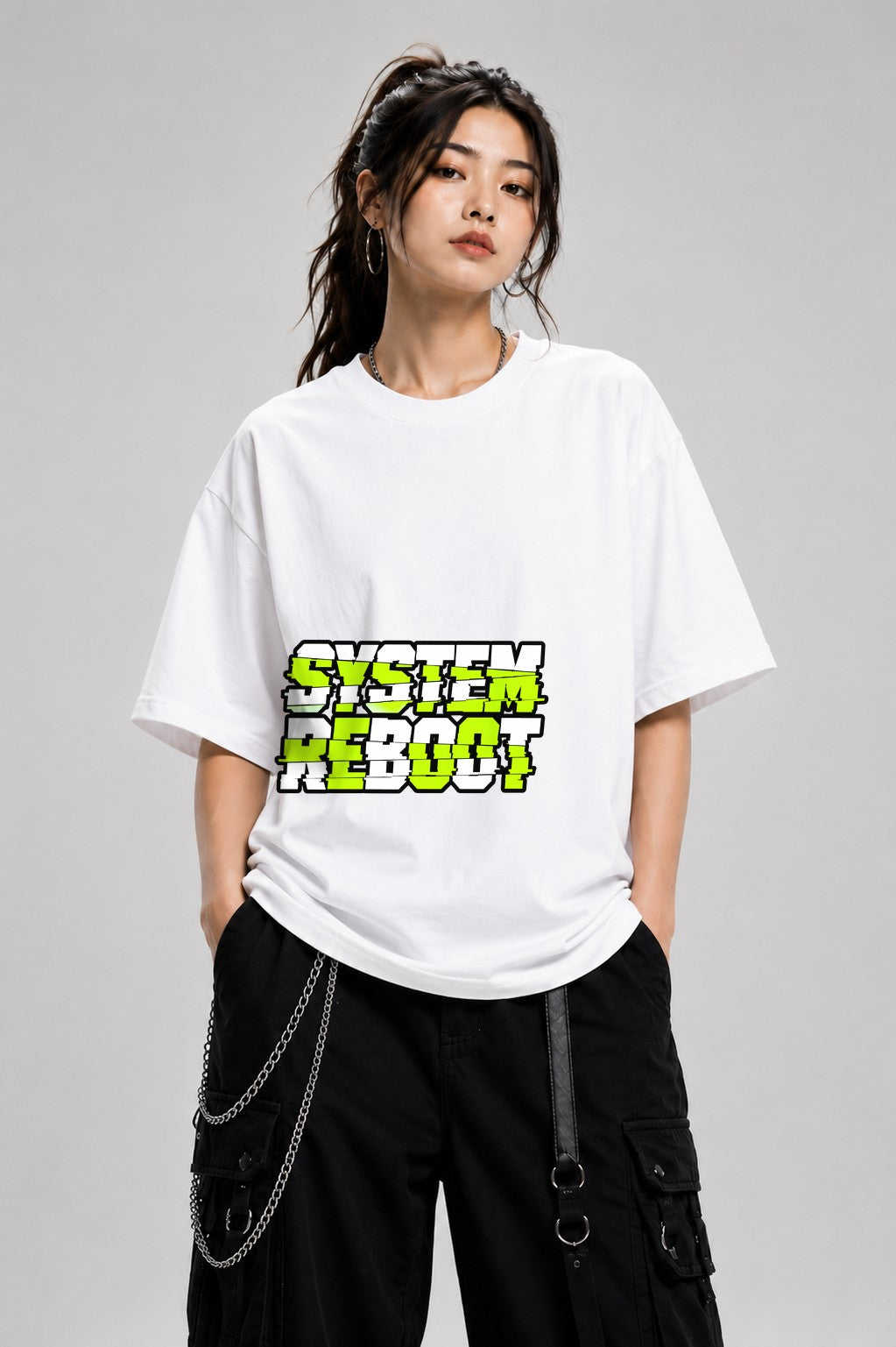 System Reboot Glitch Graphic Tee - Neon Cyberpunk Streetwear - White