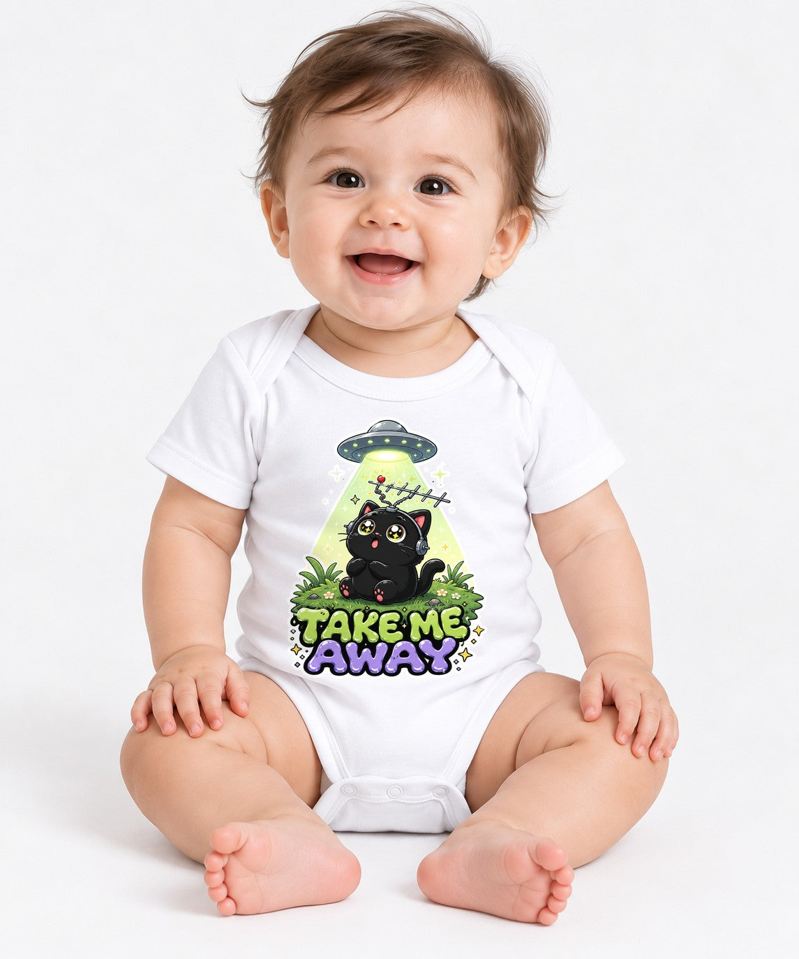 Take Me Away - Cute Black Cat UFO Abduction Funny Alien Graphic T-Shirt - White