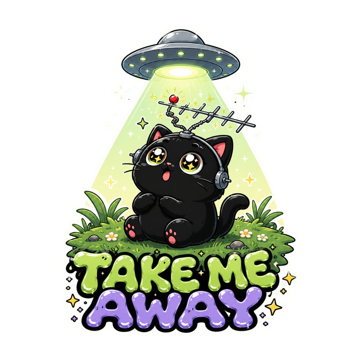Take Me Away - Cute Black Cat UFO Abduction Funny Alien Graphic T-Shirt