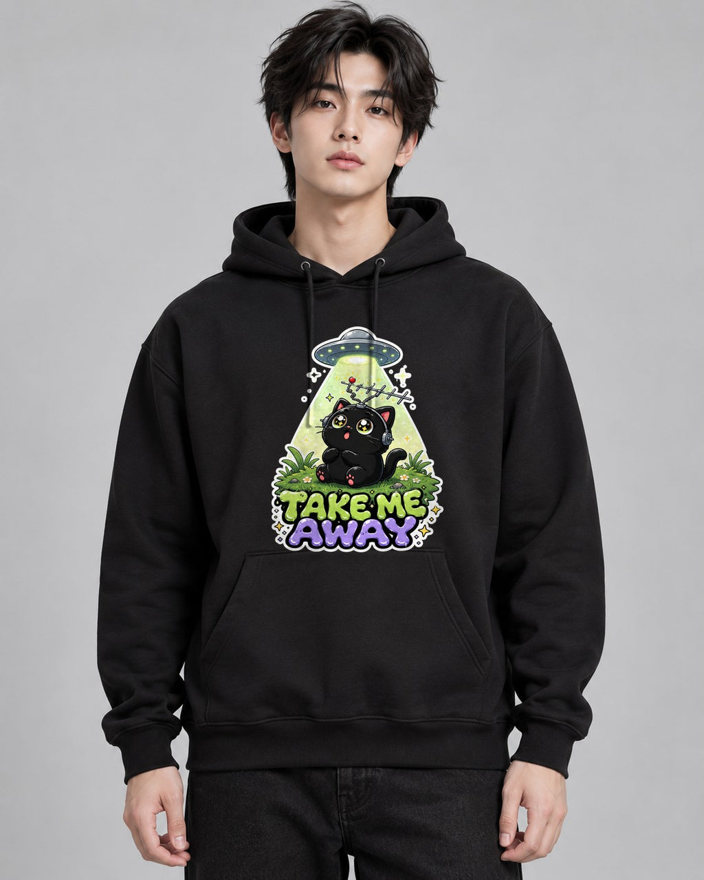 Take Me Away - Cute Black Cat UFO Ab - Black