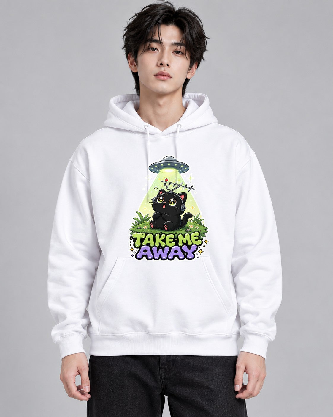 Take Me Away - Cute Black Cat UFO Ab - White