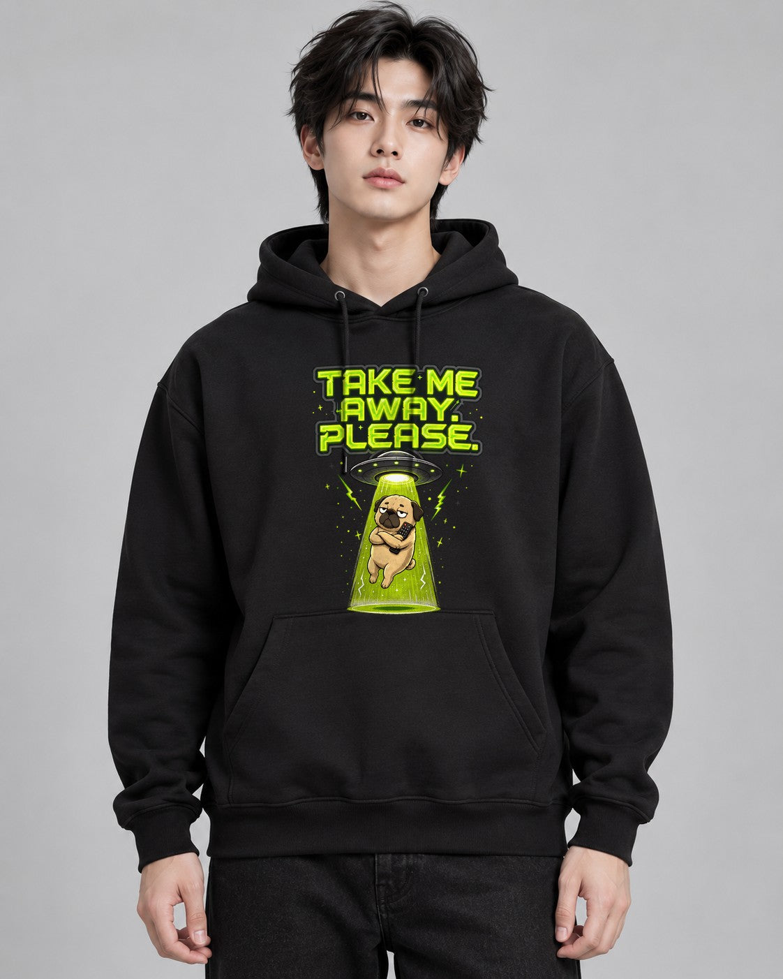Take Me Away Please UFO Alien Pug Do - Black