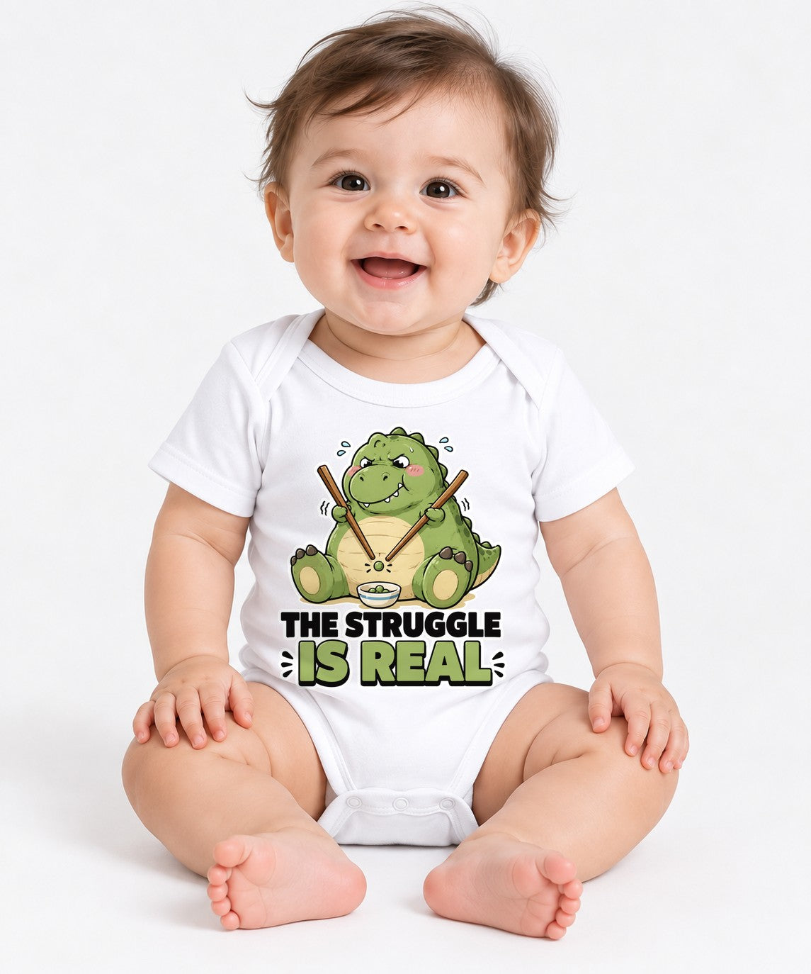 The Struggle Is Real - Cute Dinosaur Chopsticks Funny Food Graphic T-Shirt - White