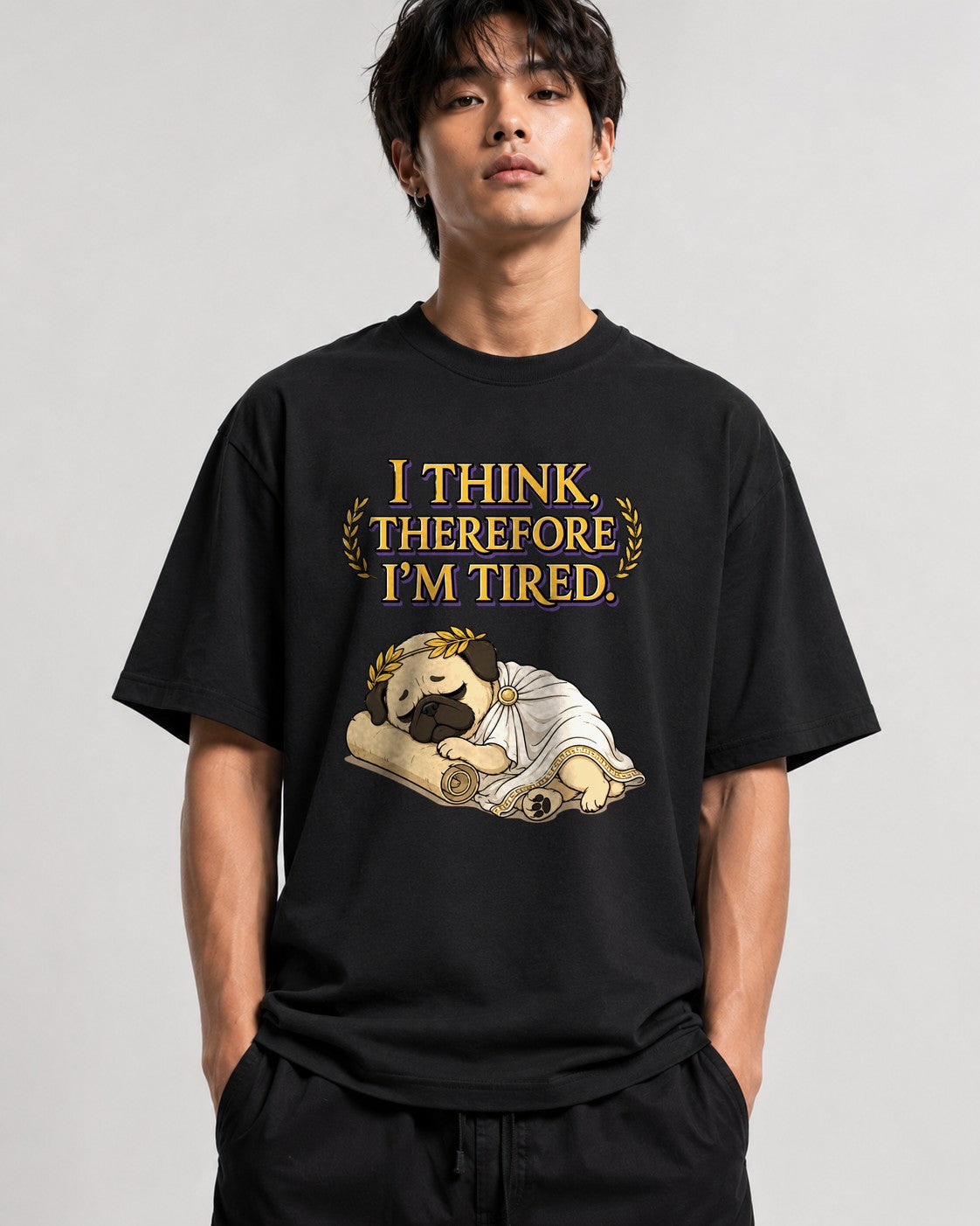 Thinking Tired Philosopher Pug Shirt - Funny Dog Meme Tee - Black