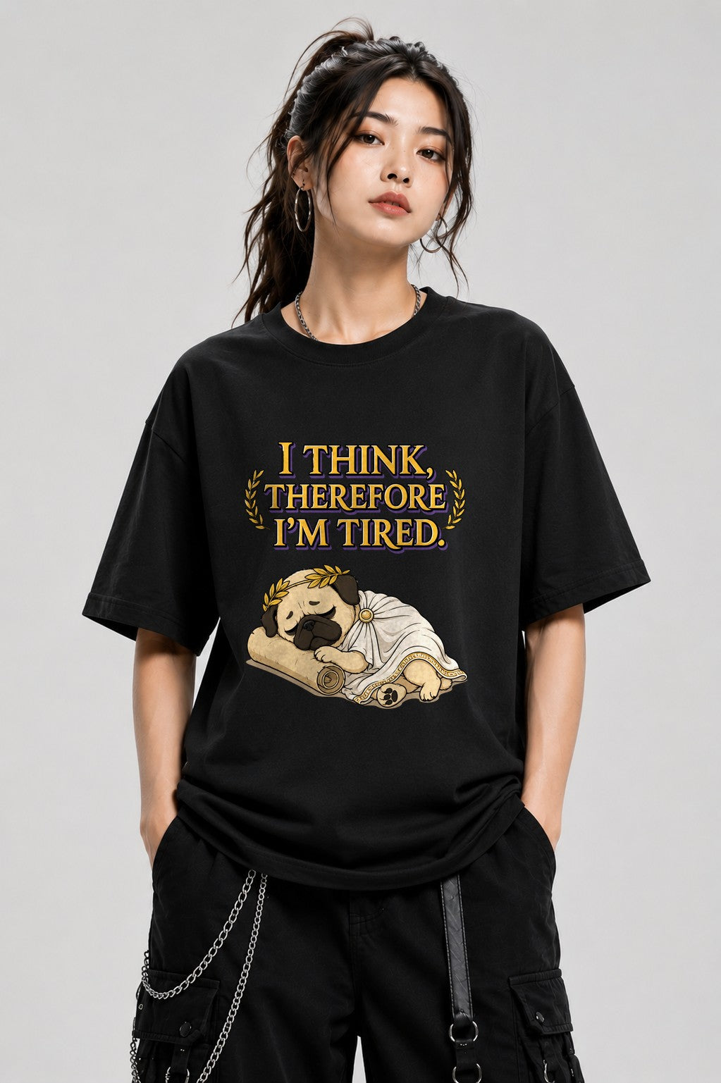 Thinking Tired Philosopher Pug Shirt - Funny Dog Meme Tee - Black