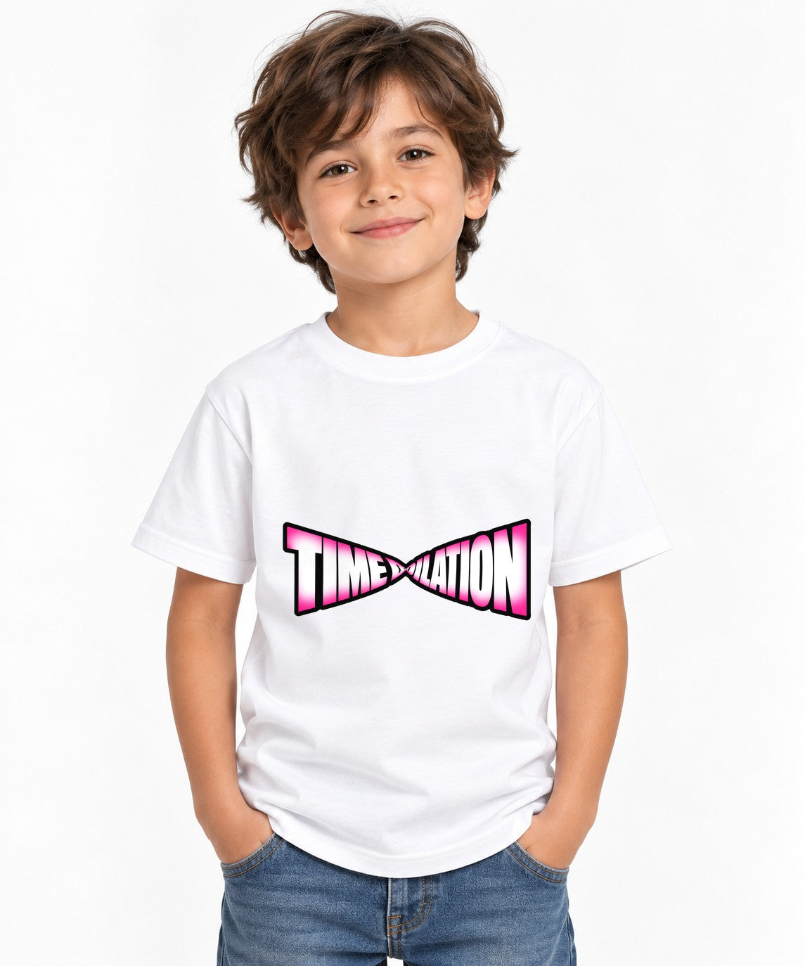 Time Dilation Retro Typography Tee - Bold Pink Gradient Design - White