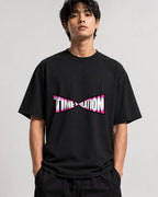 Time Dilation Retro Typography Tee - Bold Pink Gradient Design - Black