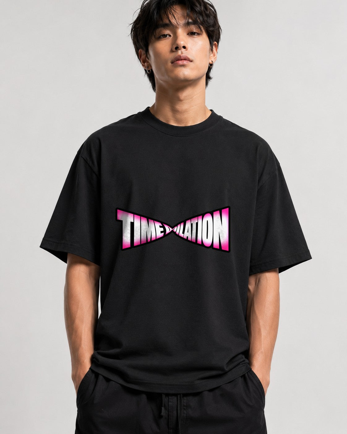 Time Dilation Retro Typography Tee - Bold Pink Gradient Design - Black