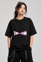 Time Dilation Retro Typography Tee - Bold Pink Gradient Design - Black