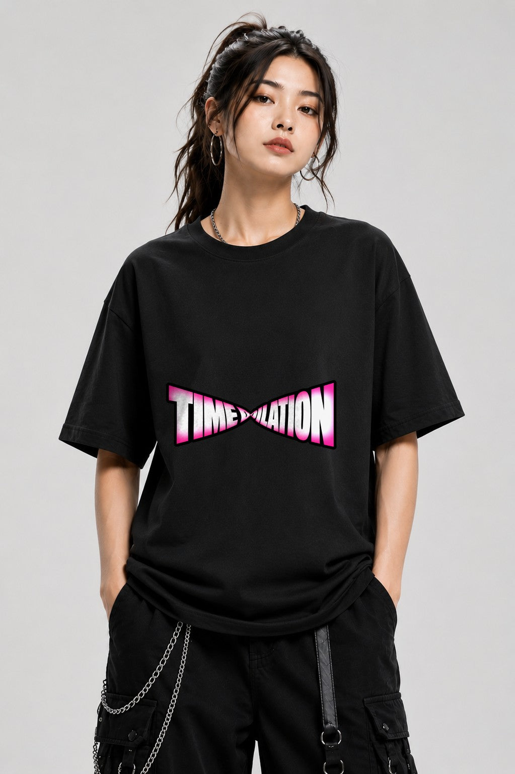 Time Dilation Retro Typography Tee - Bold Pink Gradient Design - Black