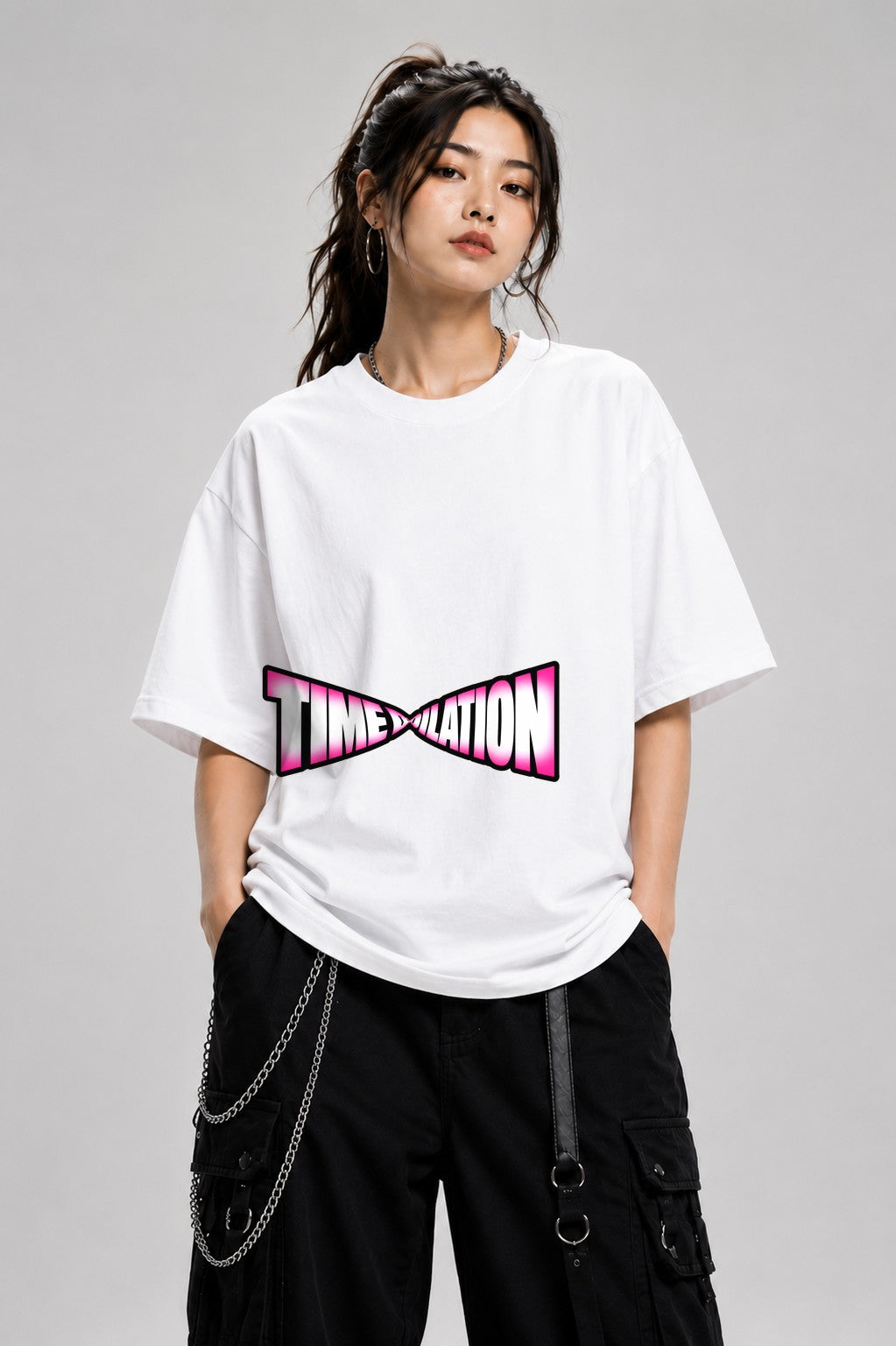 Time Dilation Retro Typography Tee - Bold Pink Gradient Design - White