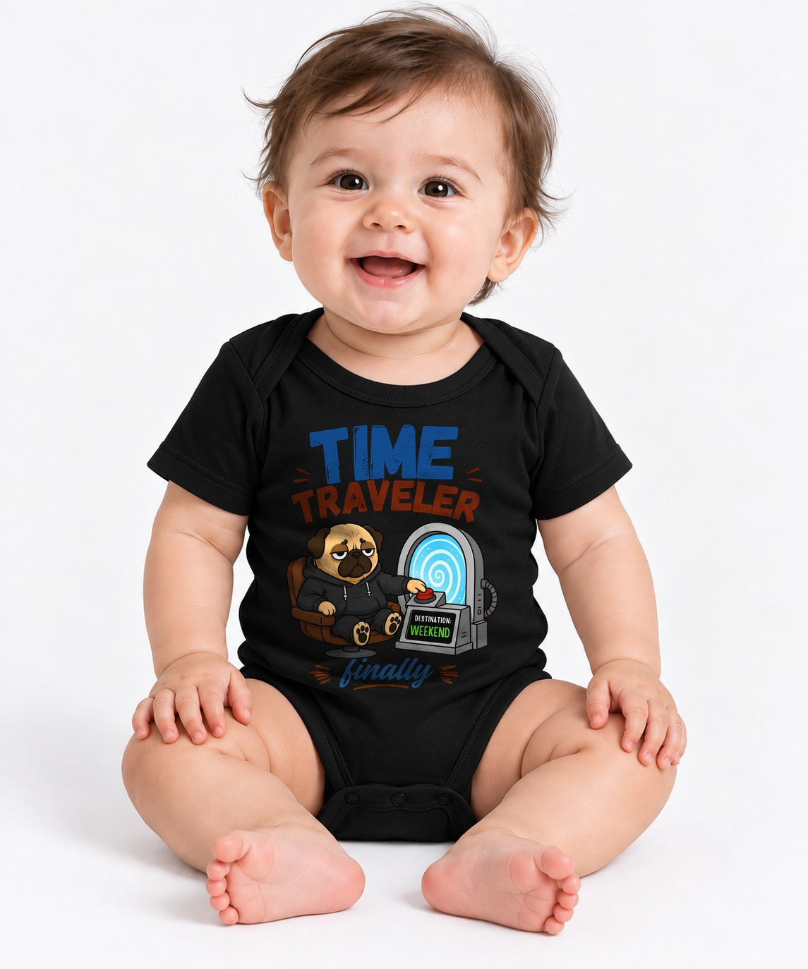 Time Traveler Destination Weekend Funny Pug Dog Sci-Fi Work Humor - Black