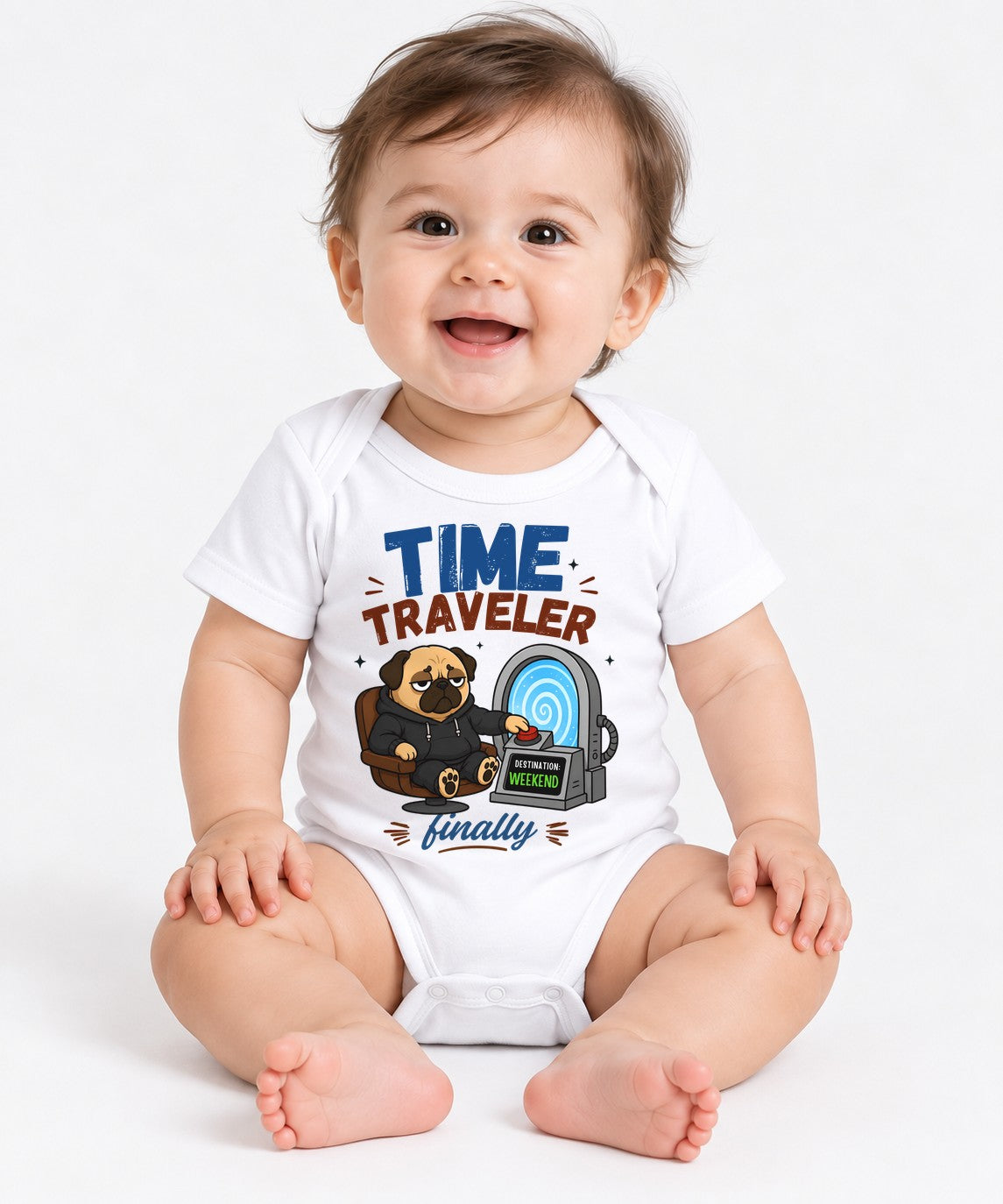 Time Traveler Destination Weekend Funny Pug Dog Sci-Fi Work Humor - White