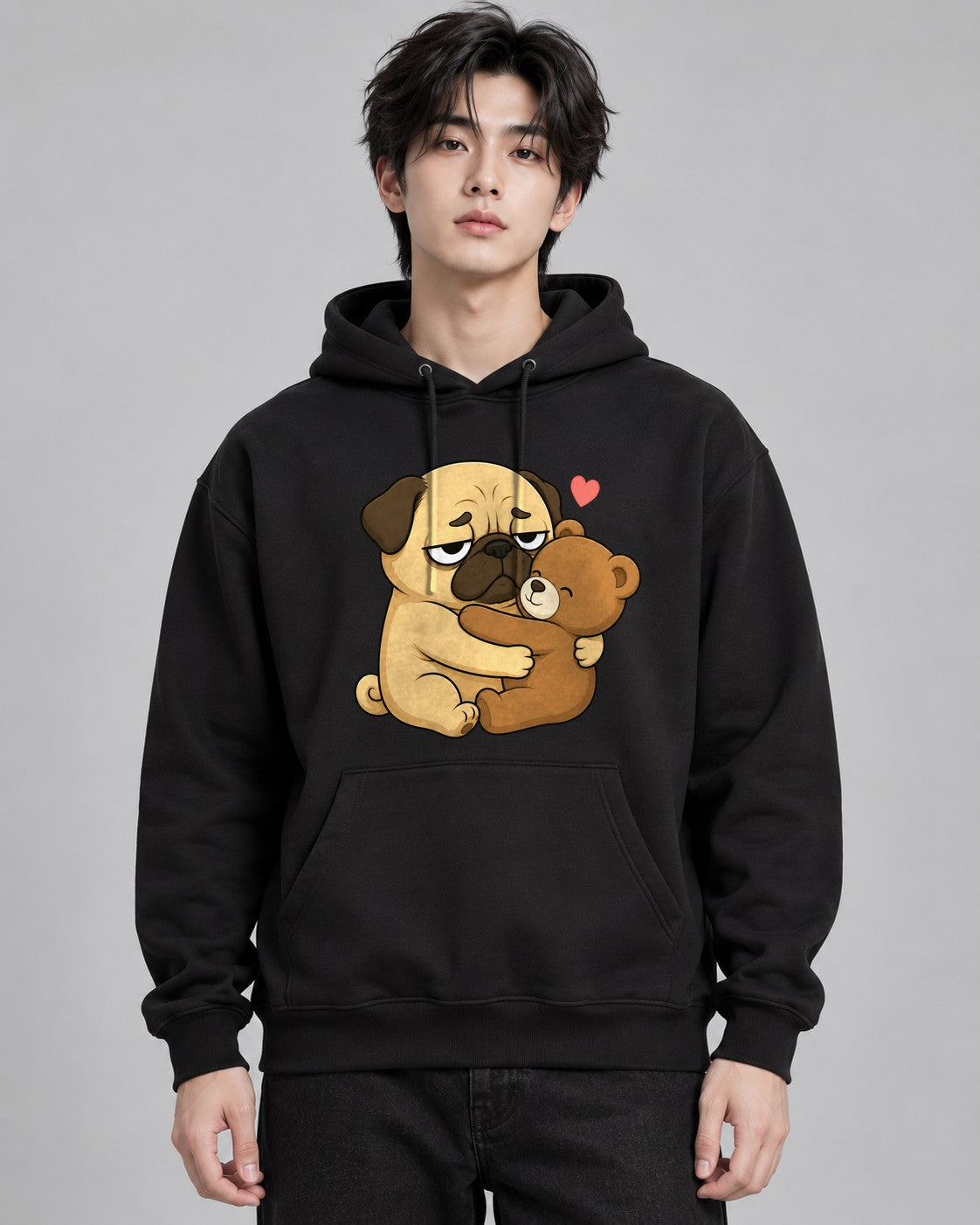 Tired Pug Hugging Teddy Bear Cute Ka - Black