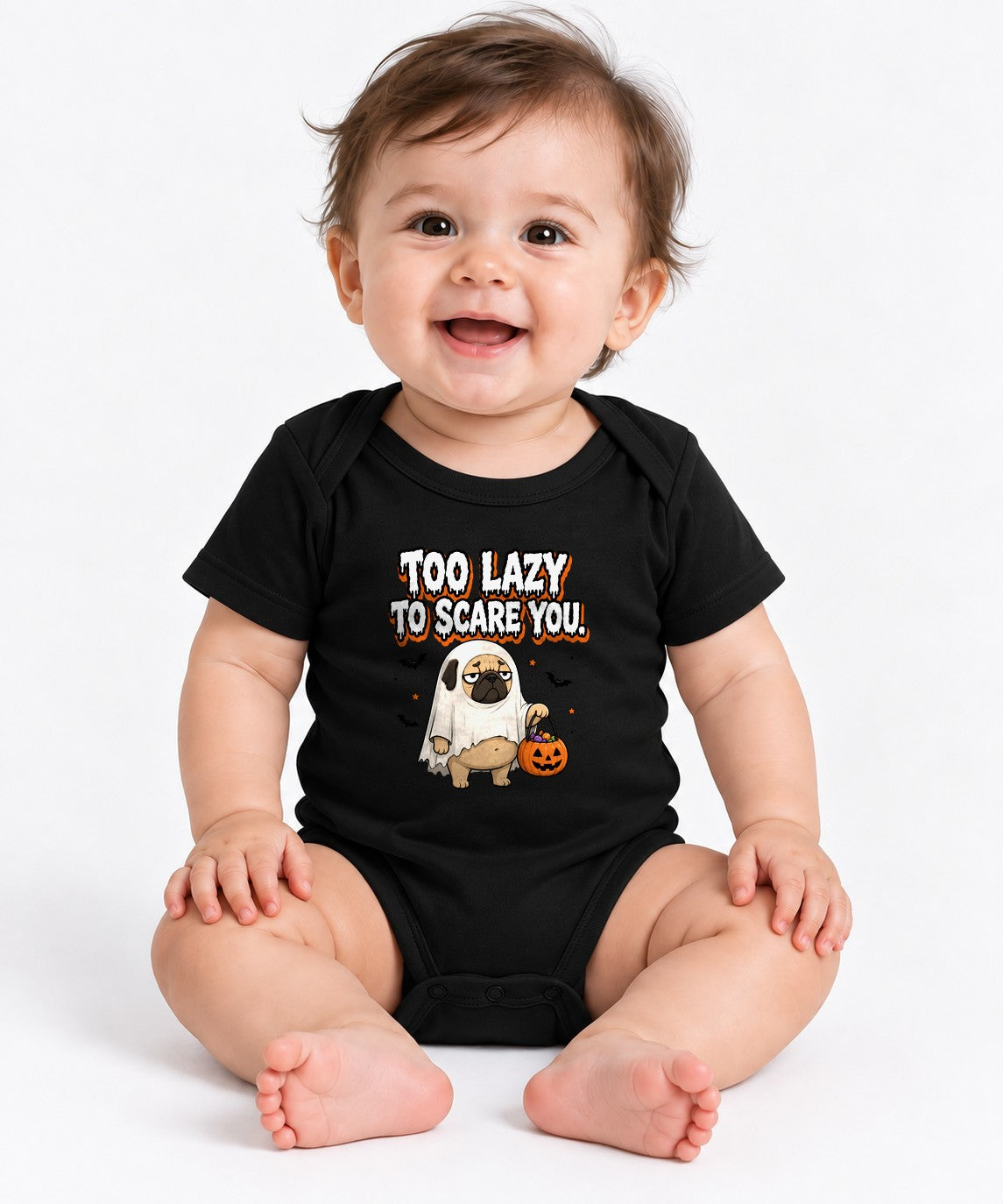 Too Lazy To Scare You Ghost Pug Shirt - Funny Halloween Tee - Black