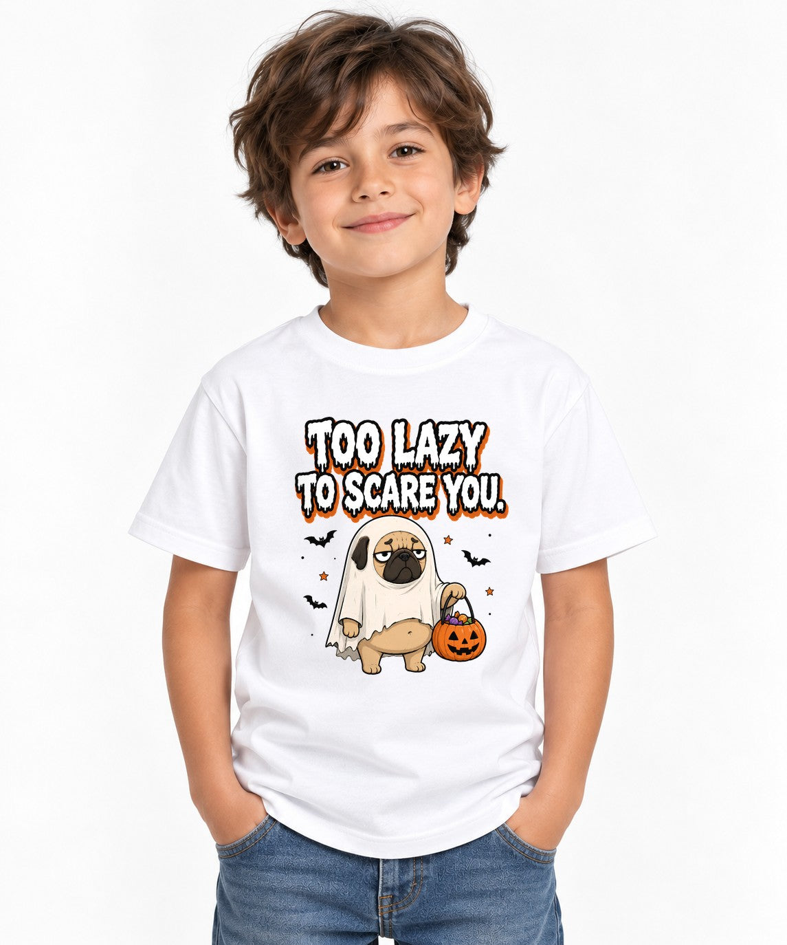 Too Lazy To Scare You Ghost Pug Shirt - Funny Halloween Tee - White