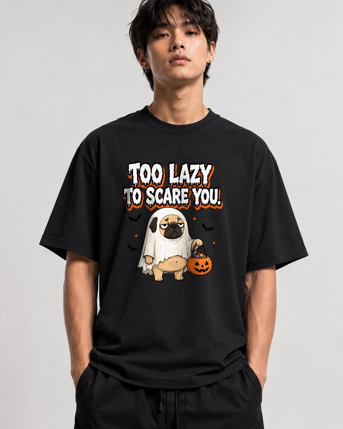 Too Lazy To Scare You Ghost Pug Shirt - Funny Halloween Tee - Black