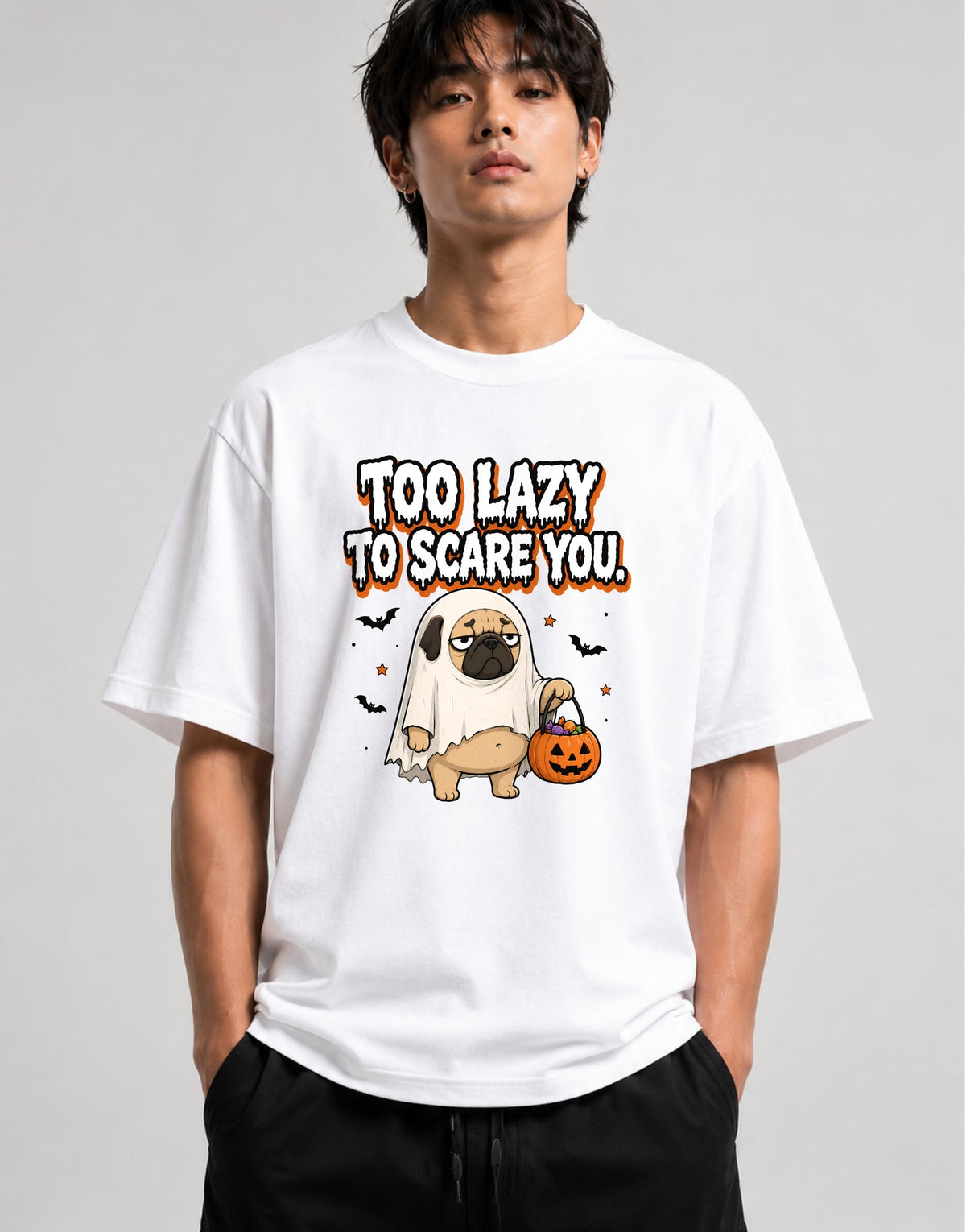 Too Lazy To Scare You Ghost Pug Shirt - Funny Halloween Tee - White