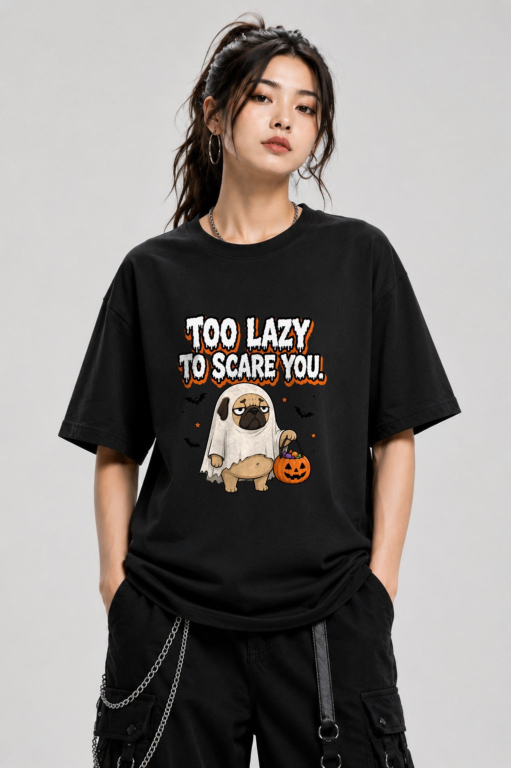Too Lazy To Scare You Ghost Pug Shirt - Funny Halloween Tee - Black