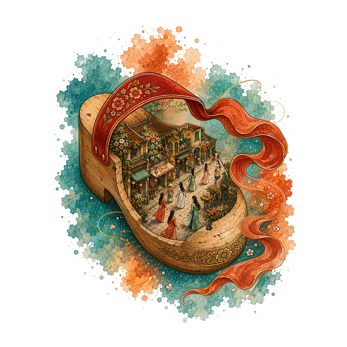 Traditional Wooden Clog Miniature Asian Old Town Ao Dai Watercolor