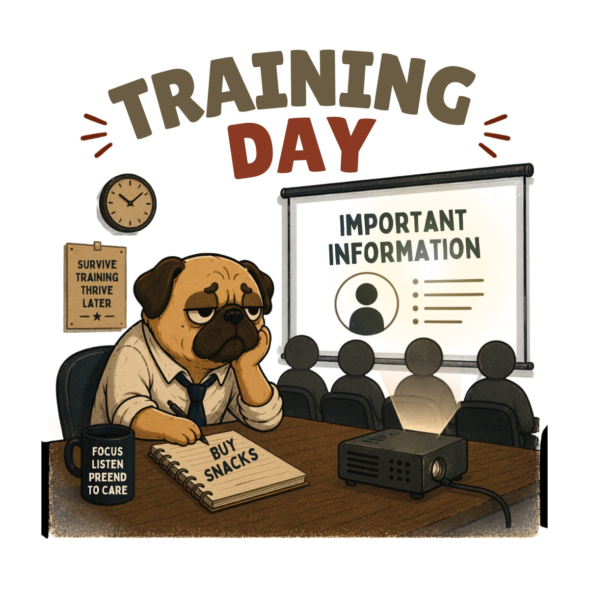 Training Day Funny Bored Pug Dog Office Meeting Work Humor