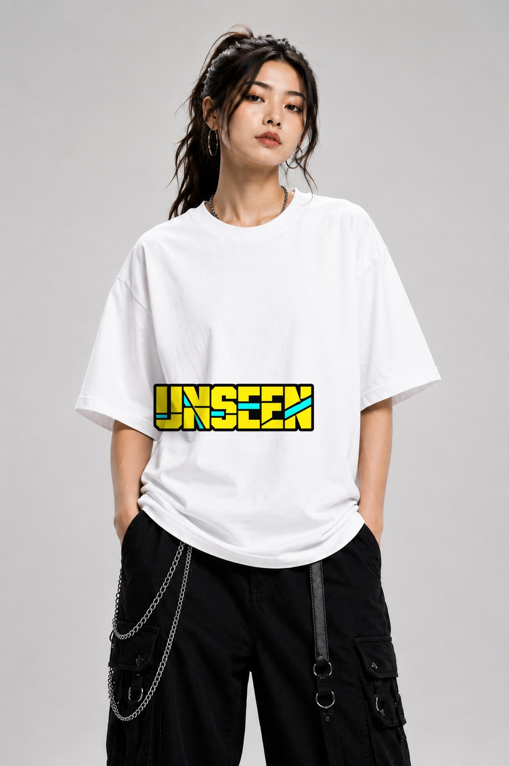Unseen Bold Graphic Tee - Retro Yellow Streetwear Typography - White