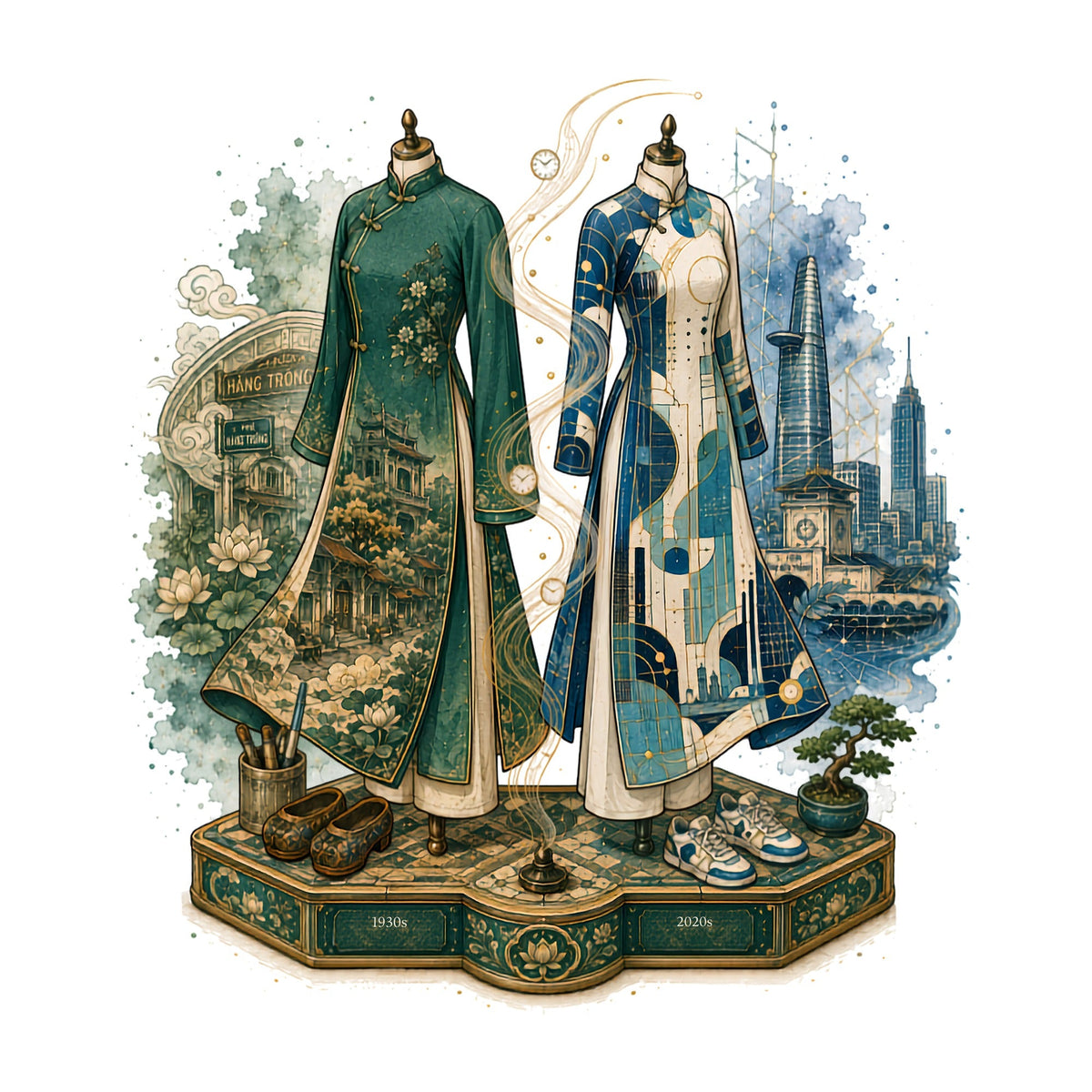 Vietnamese Ao Dai Fashion Evolution 1930s to 2020s Watercolor