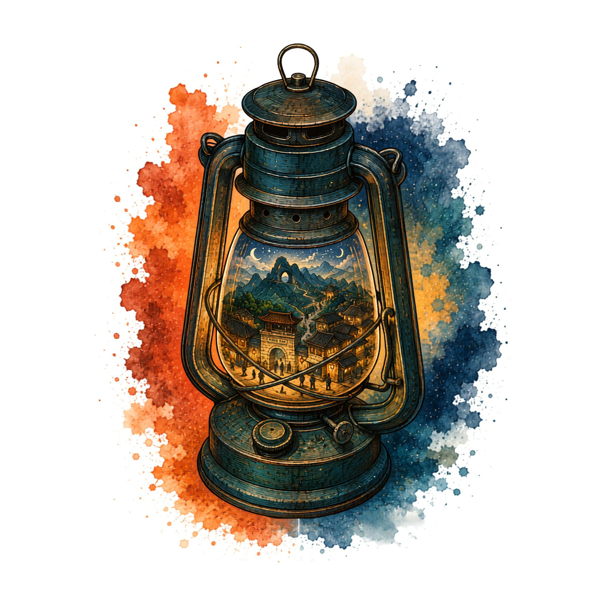 Vintage Oil Lantern Miniature Fantasy Village Watercolor