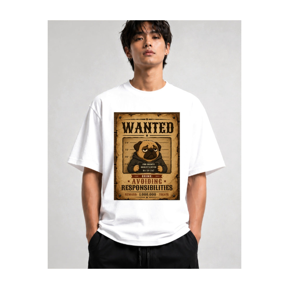 Wanted Avoiding Responsibilities Funny Mugshot Pug Dog Humor