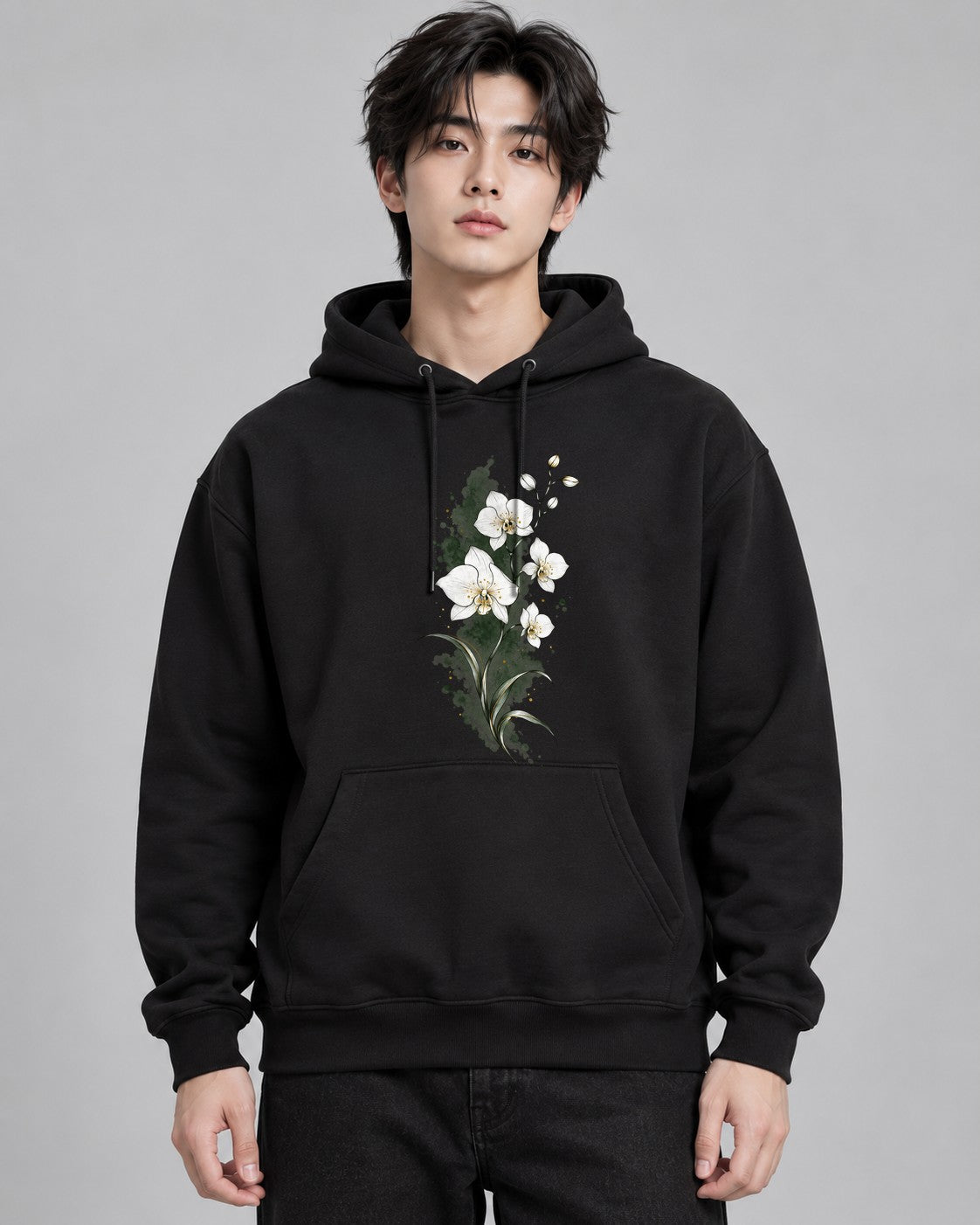 Watercolor Orchid Bloom - Black