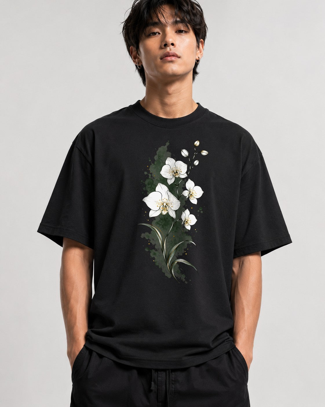 Watercolor Orchid Bloom - Black
