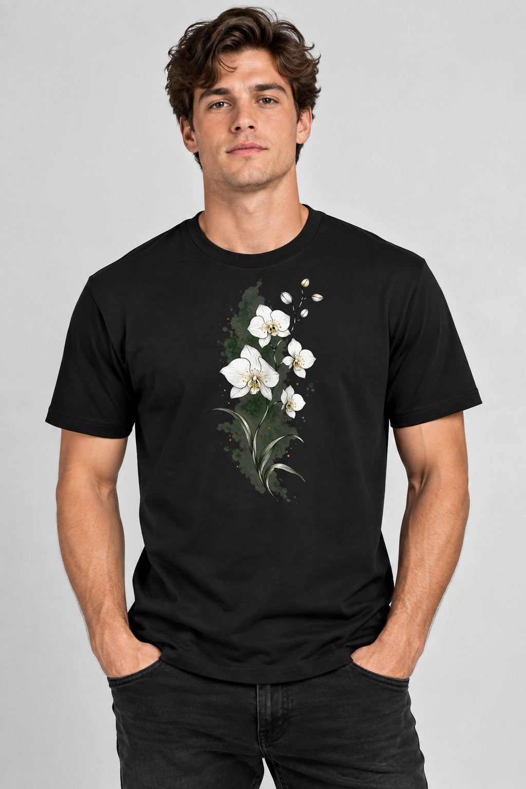 Watercolor Orchid Bloom - Black