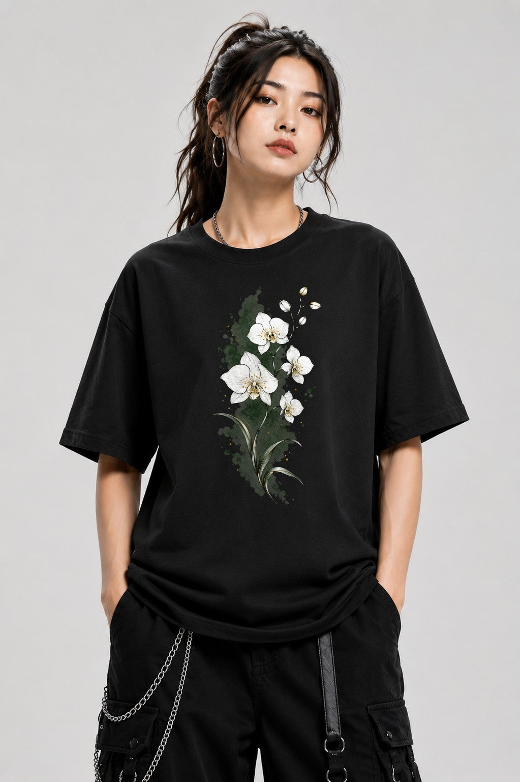 Watercolor Orchid Bloom - Black