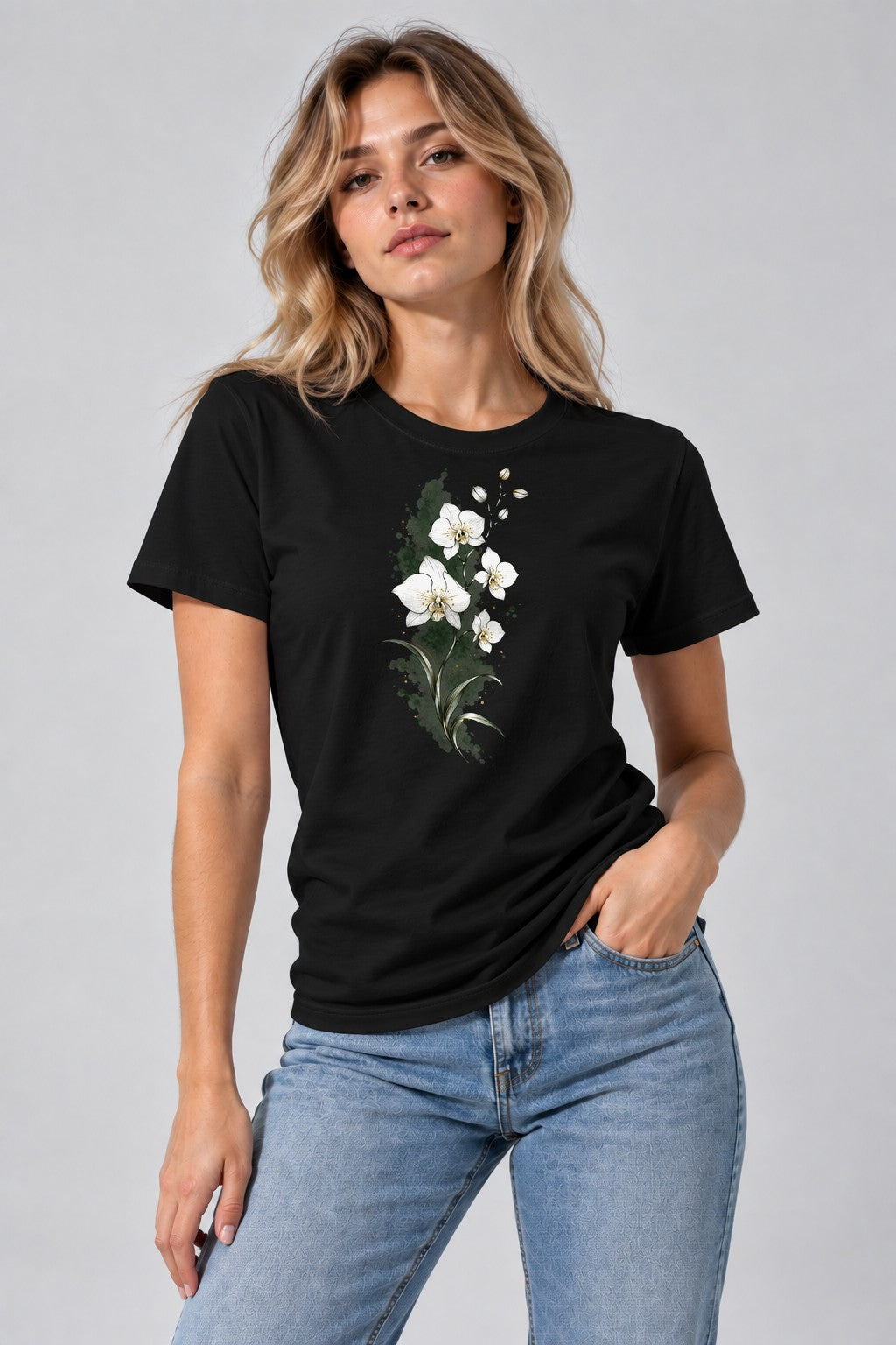Watercolor Orchid Bloom - Black