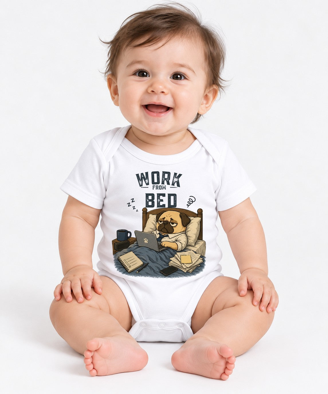 Work From Bed Funny Tired Pug Dog Remote Work Office Humor - White