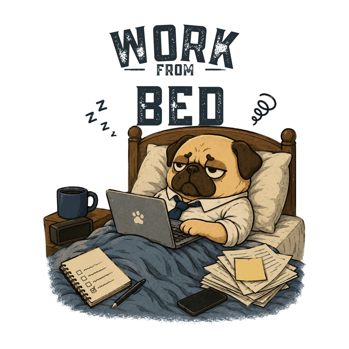 Work From Bed Funny Tired Pug Dog Remote Work Office Humor
